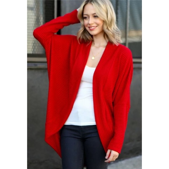 Sweaters - Red Waffle Knit Dolman Sleeve Cardigan